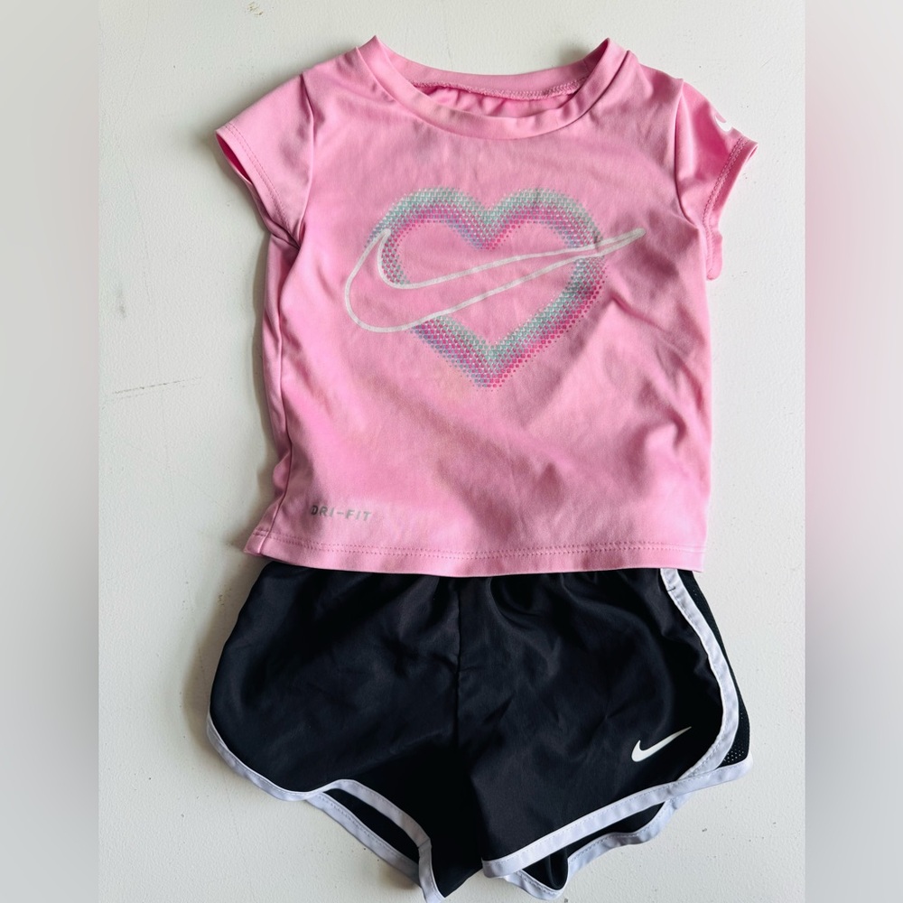 Nike Pink Tee with Heart and Black Shorts 2T